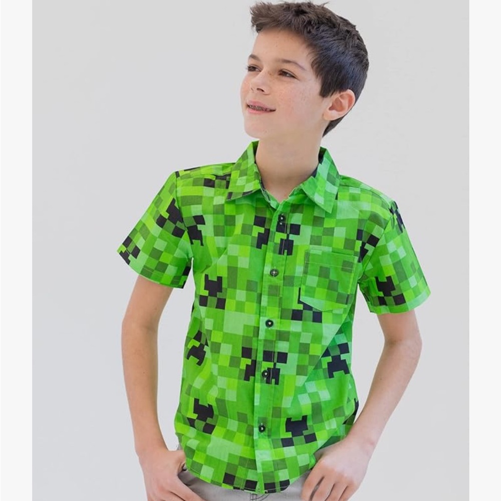 Kid’s Minecraft Creeper Button Up Short Sleeve Shirt Big Kid Dress Shirt NWOT
